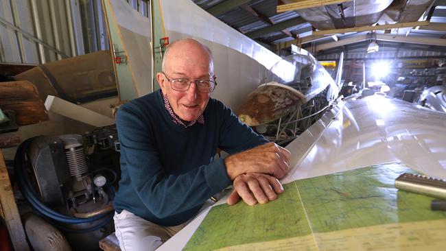 Retired aircraft engineer David Billings, 78 with his gliders at home in Nambour, north of Brisbane. Picture: Lyndon Mechielsen