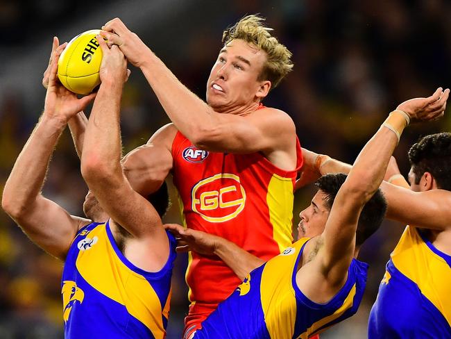 PERTH, AUSTRALIA - APRIL 14: Tom Lynch of the Suns rises for a mark attempt during the 2018 AFL Round 04 match between the West Coast Eagles and the Gold Coast Suns at Optus Stadium on April 14, 2018 in Perth, Australia. (Photo by Daniel Carson/AFL Media/Getty Images)