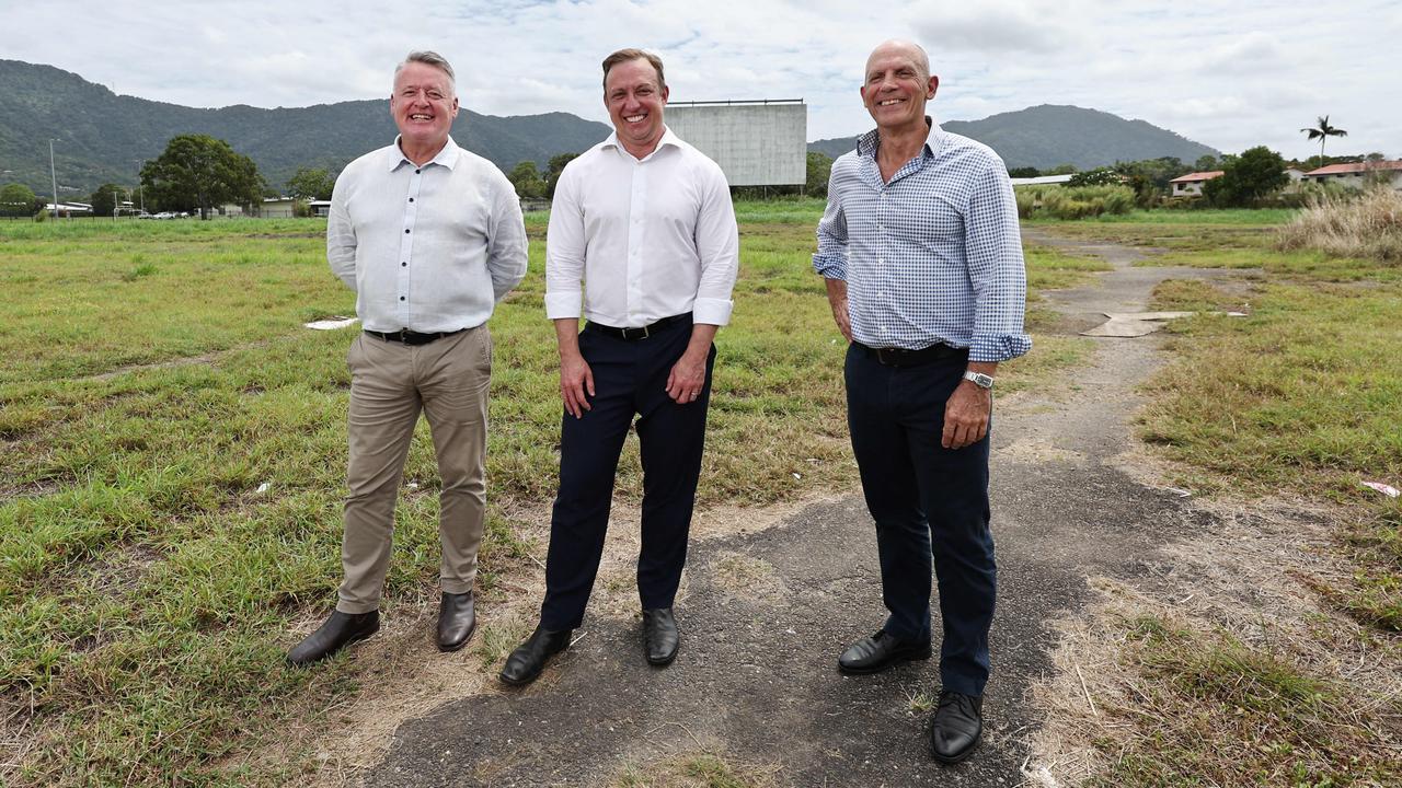 Member for Cairns Michael Healy, Queensland Premier Steven Miles at a press conference in Woree on Thursday. Picture: Brendan Radke