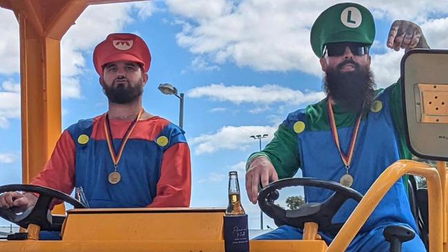 Greenacres' Jamie Howcroft (left) and Matt Kemp (right) were the standouts of the Dragons’ Mad Monday as Mario and Luigi. Picture: Supplied, Greenacres Football Club