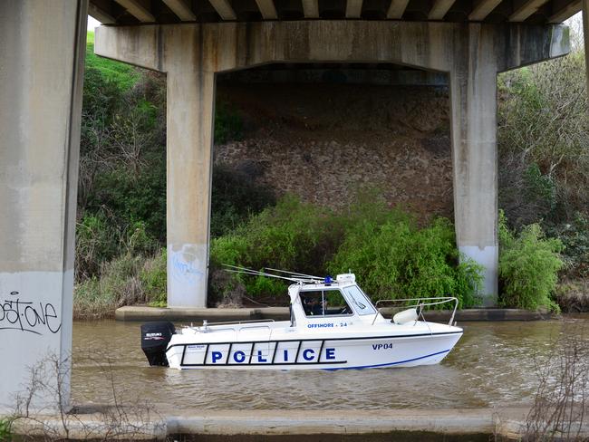 Water Police searching the Maribyrnong River from Canning Reserve in Avondale Heights through to Buckley Street for any evidence of missing Avondale Heights woman Karen Ristevski. Picture: Eugene Hyland