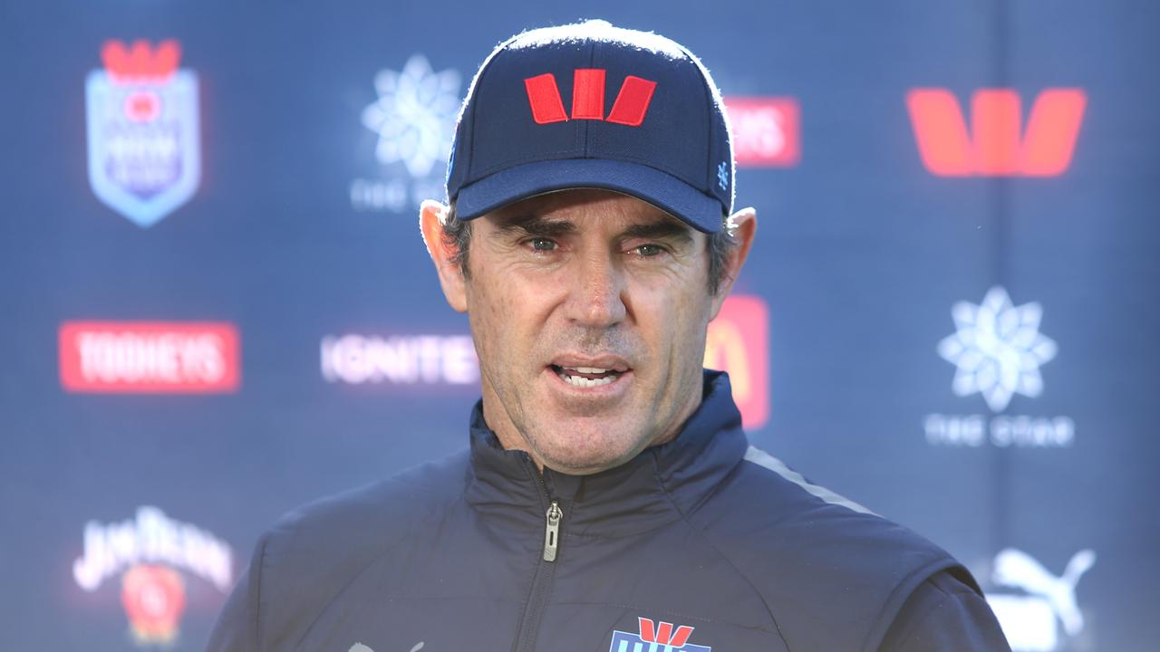 SYDNEY, AUSTRALIA - JULY 07: Brad Fittler head coach of the Blues speaks to the media during a New South Wales Blues State of Origin Training Session at NSWRL Centre of Excellence on July 07, 2023 in Sydney, Australia. (Photo by Jason McCawley/Getty Images)