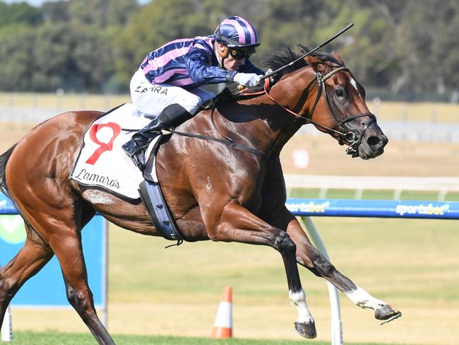 She's Bulletproof ridden by Mark Zahra wins the Lamaro's Hotel Geoffrey Bellmaine Stakes at Sportsbet Sandown Lakeside Racecourse on February 01, 2025 in Springvale, Australia. (Photo by Brett Holburt/Racing Photos via Getty Images)