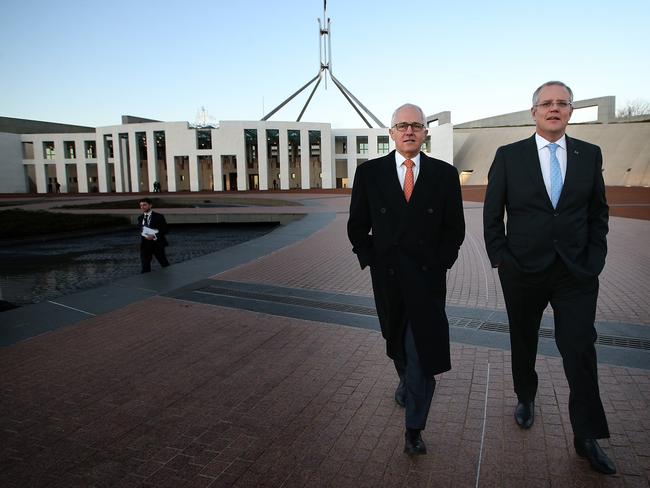 Prime Minister Malcolm Turnbull with Treasurer Scott Morrison outside Parliament House in Canberra. Picture: Kym Smith