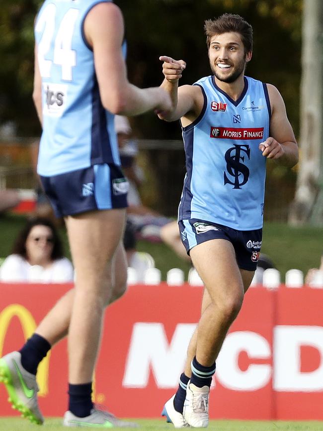 James Battersby, a former Crows rookie, celebrates a goal for Sturt. Picture: Sarah Reed