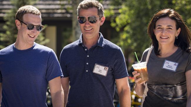 Facebook CEO Mark Zuckerberg, vice president of partnerships at Facebook Dan Rose, and COO Sheryl Sandberg. Picture: Drew Angerer