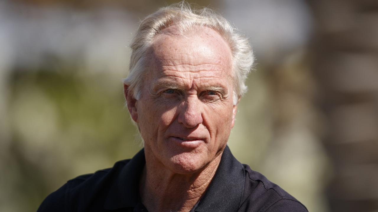 AL MUROOJ, SAUDI ARABIA - FEBRUARY 01: Greg Norman, CEO of Liv Golf Investments talks to the media during a practice round prior to the PIF Saudi International at Royal Greens Golf &amp; Country Club on February 01, 2022 in Al Murooj, Saudi Arabia. (Photo by Oisin Keniry/Getty Images)