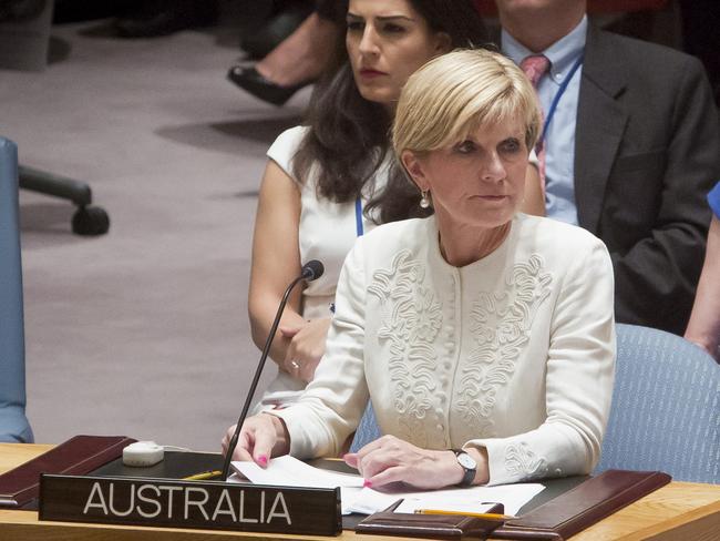 Meeting ... Australian Foreign Minister Julie Bishop prepares to speak at UN headquarters on July 29, 2015, after Russia vetoed a draft resolution in the Security Council to create a tribunal to prosecute those found responsible for the downing of MH17 over eastern Ukraine. Picture: AP Photo/Bebeto Matthews