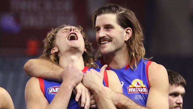 Bulldogs Aaron Naughton and Josh Bruce after the win over the Saints. Picture: Michael Klein