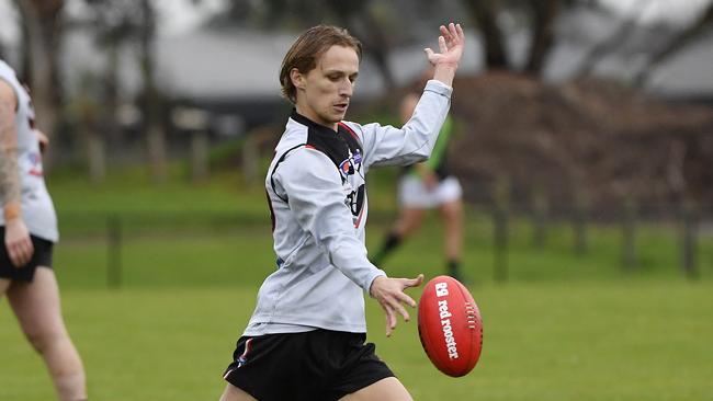 SFNL Bendigo Bank Division 2 Senior, Round 11. Skye vs Doveton Doves at Carrum Downs Recreation Reserve, Carrum Downs, Victoria, Saturday 29th June 2024. SkyeÃ¢â¬â¢s  Noah Alexander Williams about to kick. Picture: Andrew Batsch