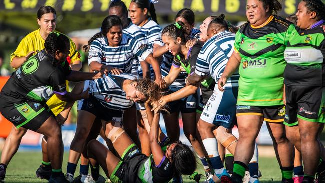 A fight breaks out in the Darwin Brothers match against Palmerston Raiders in the 2024 NRL NT women's grand final. Picture: Pema Tamang Pakhrin