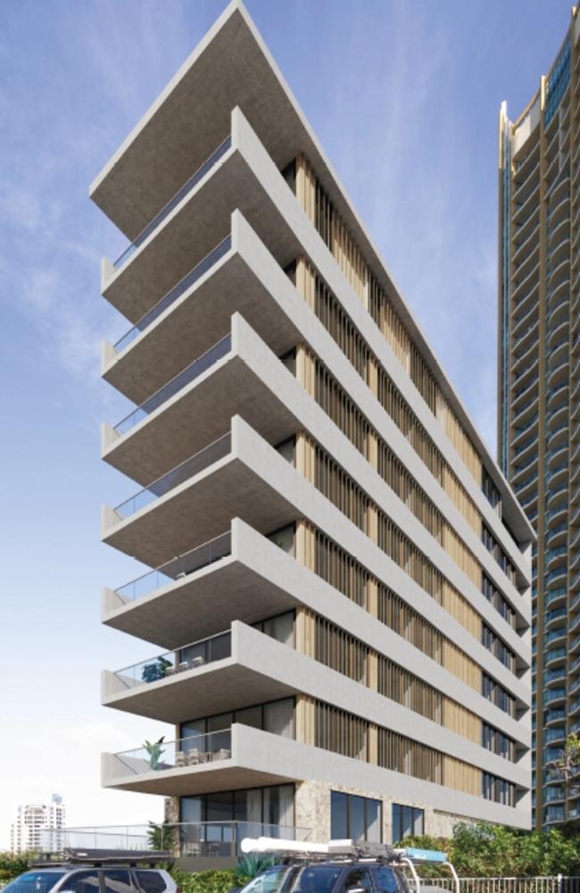 Artist impression of a new short-term accommodation tower planned for Surfers Paradise by Michael deBoer. Picture: Supplied