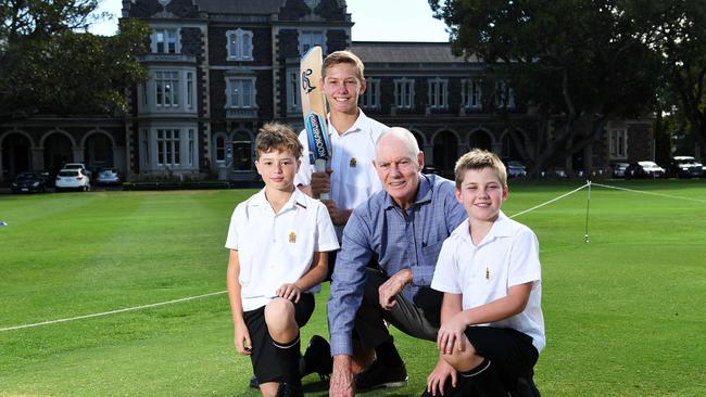 Ex Australian Test Captain Greg Chappell at his old school Prince Alfred College with current students Carl Arnold, Jesse Lang and Jack McKinnon. Picture: Mark Brake