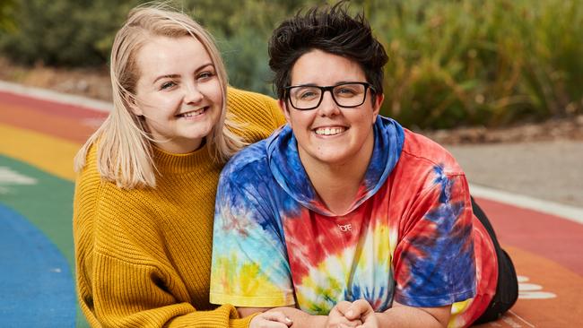 Engaged same-sex couple Eva Prater and Marie Totino at the Rainbow Walk in Light Square. Picture: AAP/Matt Loxton