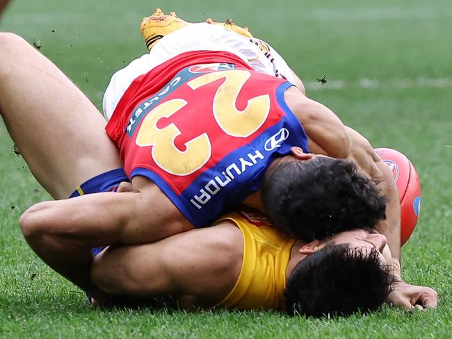 Charlie Cameron was initially suspended for three games for this tackle on Liam Duggan. (Photo by Will Russell/AFL Photos via Getty Images)