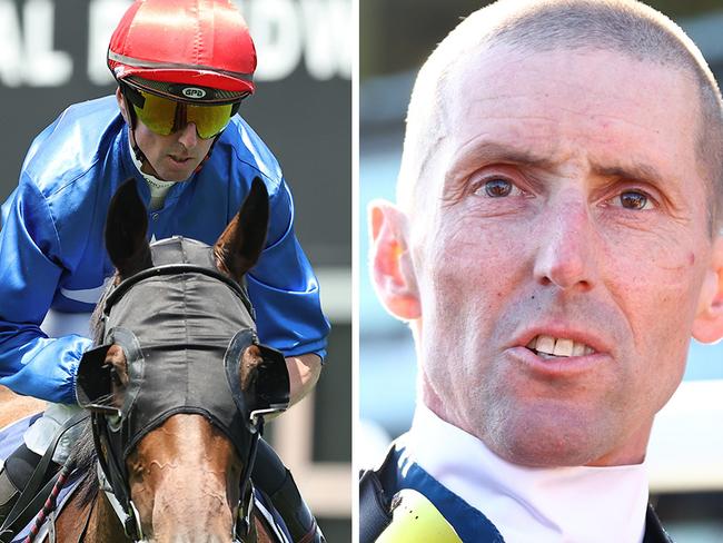 Nash Rawiller comes back to scale after winning aboard Emmadella at Randwick on Saturday (left), and Rawiller speaks to connections after his victory on Saltcoats. Pictures: Jeremy Ng / Getty Images