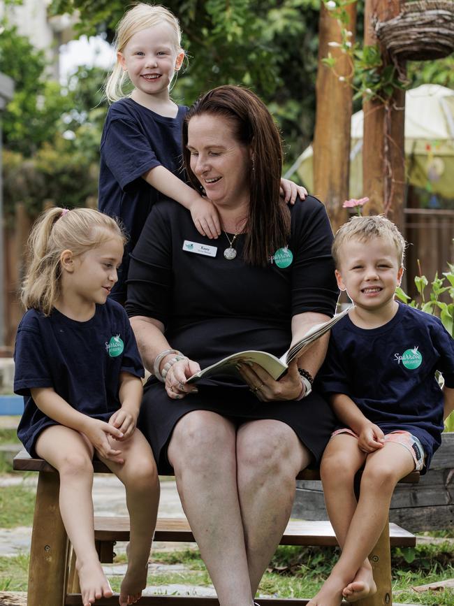 Early Learning teacher Kasey Paterson with Matilda Dyke 4, Zephie Hurley-Jones 4, and Cooper Murphy 4 at Sparrow Early Learning Centre at Tewantin. Picture Lachie Millard