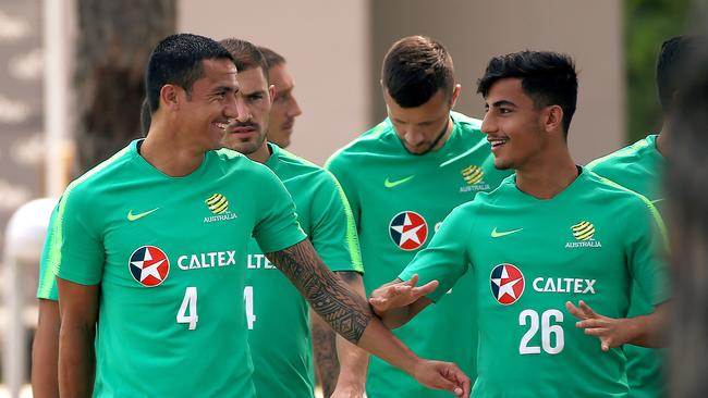 Tim Cahill (L) and Daniel Arzani make bank for Melbourne City. Picture: Toby Zerna