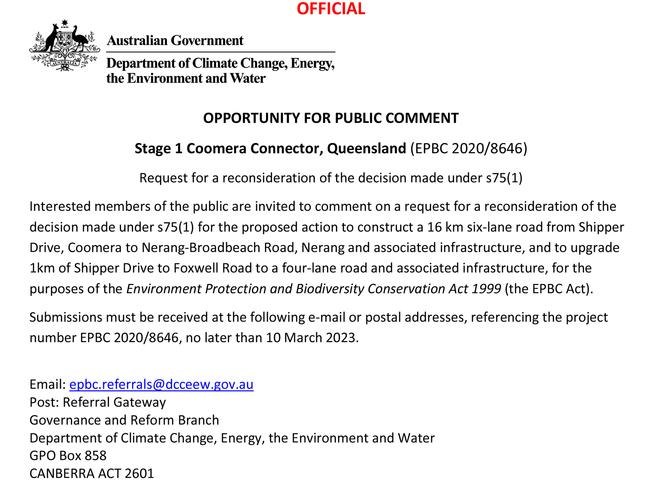 Notice published by the Federal Government inviting public comment about the request to reconsider a decision made regarding stage one of the Coomera Connector.