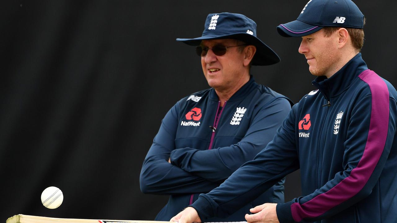Trevor Bayliss (left) will be reunited with Eoin Morgan at London Spirit. Picture: Paul Ellis / AFP