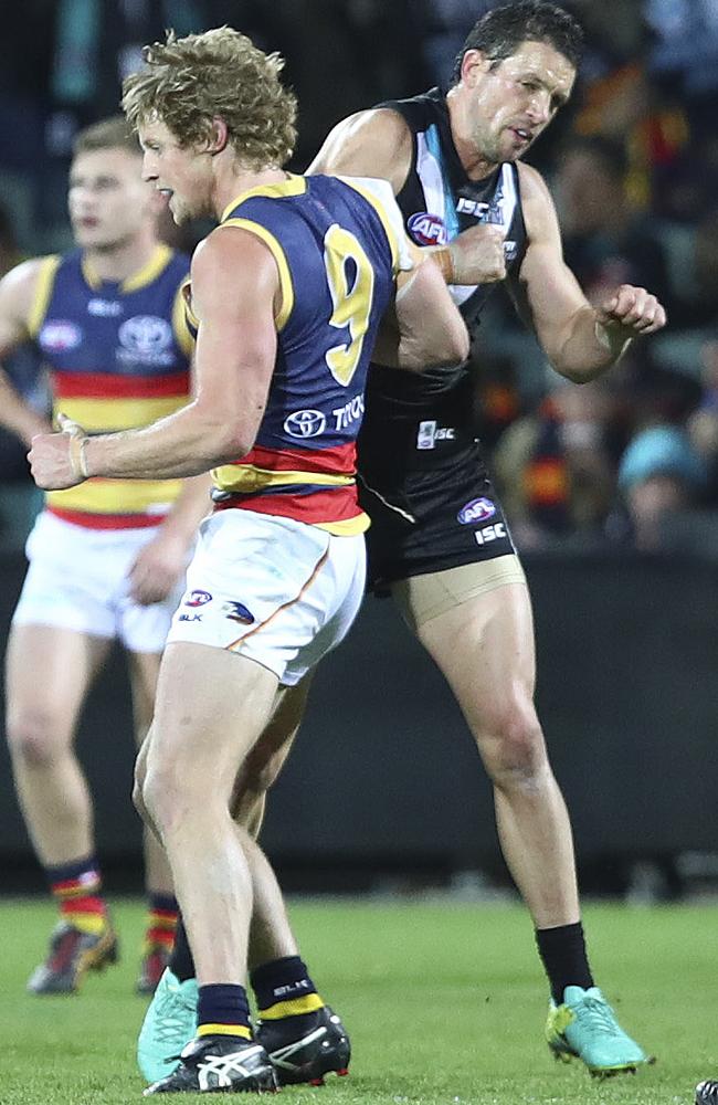 Travis Boak and Rory Sloane in their usual combative stance. Picture: Sarah Reed