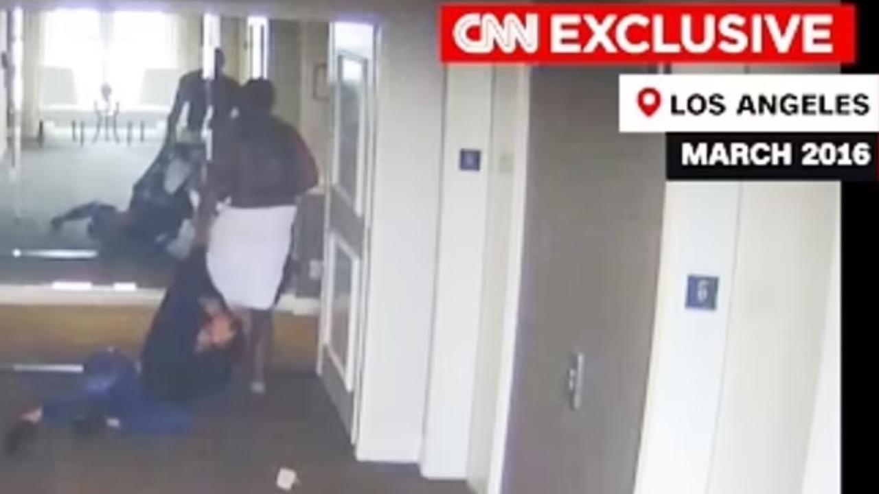 CCTV footage showing Diddy wrapped in a towel dragging then-girlfriend Cassie Ventura in 2016. Picture: EXCLUSIVE CNN