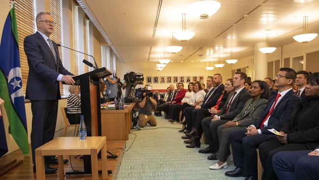 Anthony Albanese addresses the Government caucus room at Parliament House. Picture: NCA NewsWire / Andrew Taylor