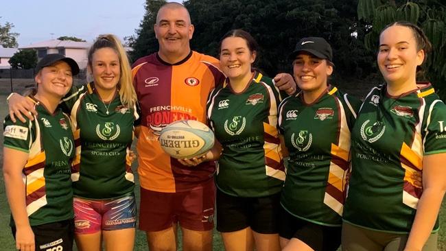 Frenchville A-grade men's coach Steve Anderson with women's players (from left) Tylah Phillips, Jess Allen, Amber Shephard, Ta’ Steere and Whaiora Rakena.