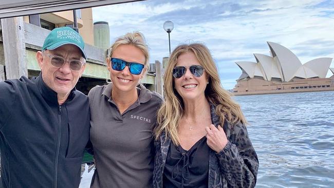 Tom Hanks and Rita Wilson with Elodie Dalgleish, a skipper and guide for Sydney Harbour Boat Tours on March 9. Picture: Instagram