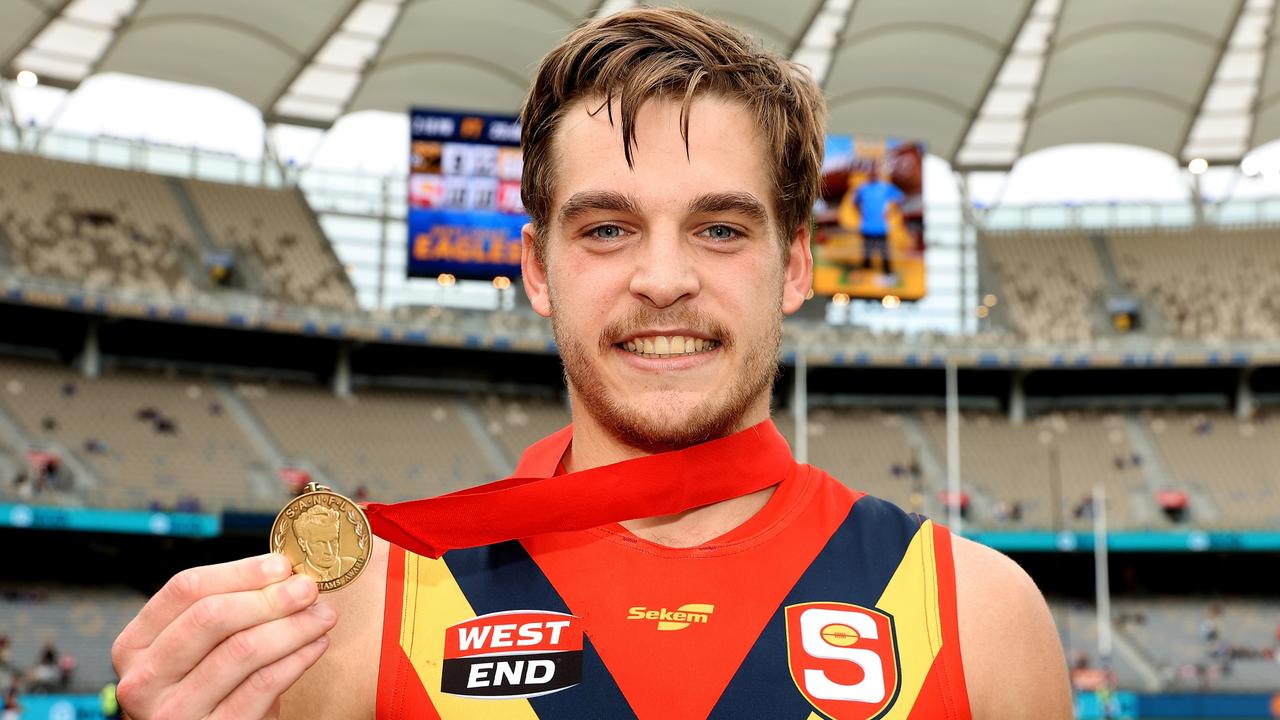 Casey Voss with the Fos Williams medal for the best SANFL player in the state game against the WAFL. Picture: Paul Kane/Getty Images