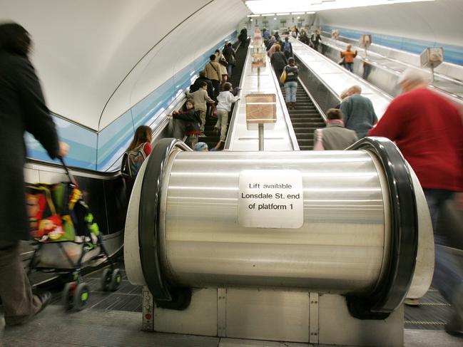 The vertigo-inducing escalators at Parliament station.