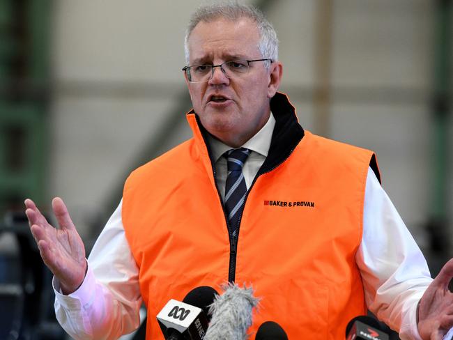 SYDNEY, AUSTRALIA - NewsWire Photos, NOVEMBER, 15, 2021: Prime Minister Scott Morrison speaks to the media during a press conference after a tour of the Baker and Provan manufacturing business in St Mary's, Sydney. Picture: NCA NewsWire/Bianca De Marchi