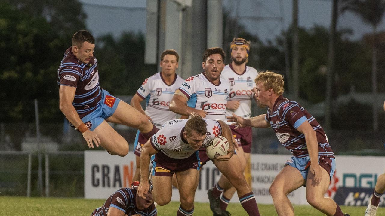 Kyle Barnwell with the ball playing for the Hostplus Cup Mackay Cutters during a trial match against Central Queensland Capras. Picture: Michaela Harlow