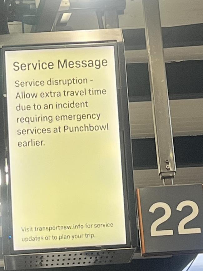 Central station service message warning of long delays after an emergency incident at Punchbowl. Picture: Inasha Iftekhar