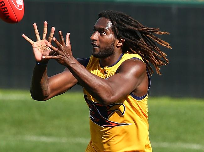 PERTH, AUSTRALIA - AUGUST 14: Nic Naitanui works on leading and marking drills during a West Coast Eagles AFL training session at Domain Stadium on August 14, 2017 in Perth, Australia.  (Photo by Paul Kane/Getty Images)