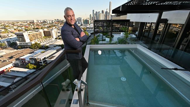 Mark Stevens at his Brisbane penthouse. When not working, he enjoys making the most out of Brisbane’s bikeways and trails along the river or Mt Coot-tha. Picture: Lyndon Mechielsen / The Australian