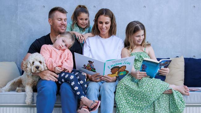 David and Candice Warner and their brood, publicising The Prime Minister’s Spelling Bee. Picture: Justin Lloyd.