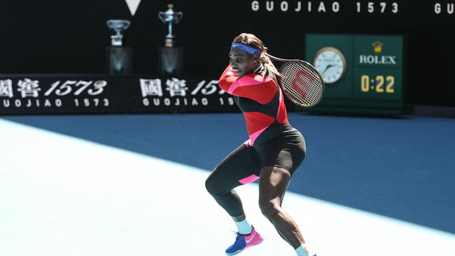 Serena Williams with the sponsorship logos on full display