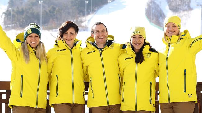 Australian Aerial Skiers (L-R) Danielle Scott, Laura Peel, David Morris, Lydia Lassia and Sam Wells at the last Winter Olympics.