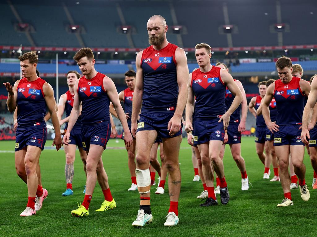 Max Gawn leads the Demons off as their finals hopes were all but dashed. Picture: Josh Chadwick/Getty Images