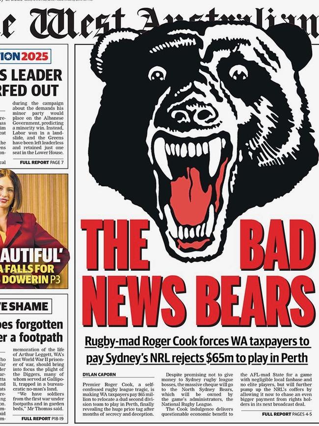 The Bad News Bears headline in The West Australian this week. Credit: Supplied.