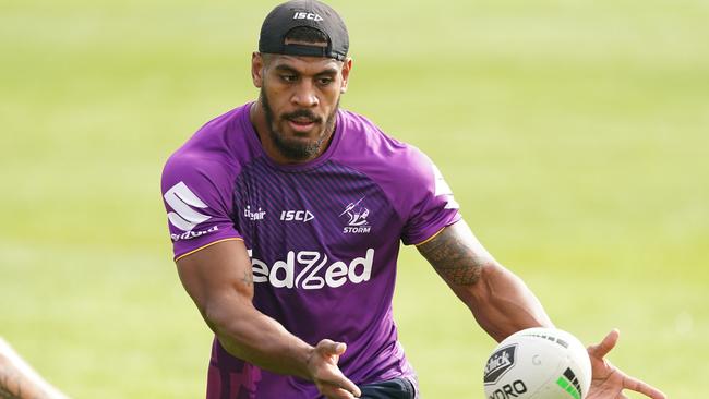 Tui Kamikamica passes the ball during a Melbourne Storm NRL training session at Albury Sports Ground in Albury, Wednesday, May 6, 2020. (AAP Image/Scott Barbour) NO ARCHIVING