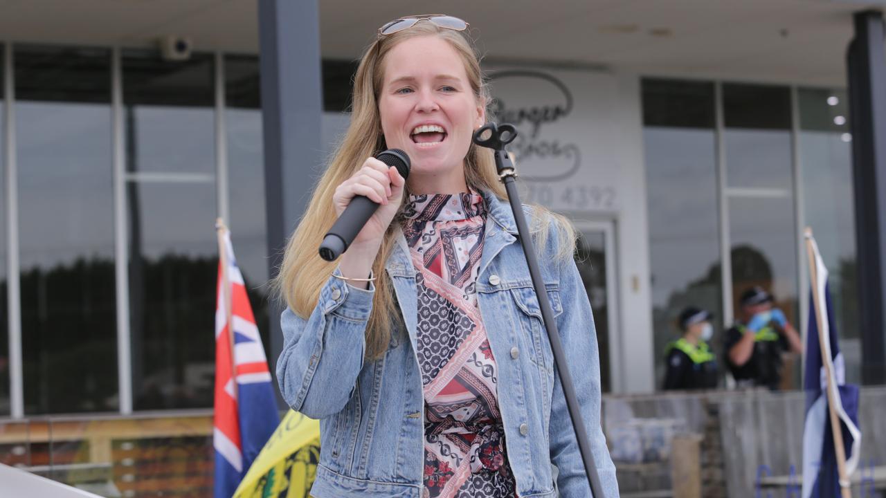 An anti-vaccination protect outside Health Minister Greg Hunt’s office, with Monica Smit speaking. Picture: NCA NewsWire / Wayne Taylor