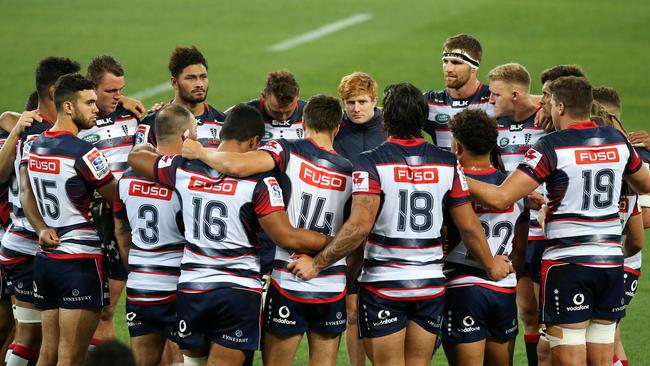 Super Rugby : Melbourne Rebels V Auckland Blues at AAMI Park, 23rd February, Melbourne Australia. Melbourne Rebels get together after the loss. Picture : George Salpigtidis