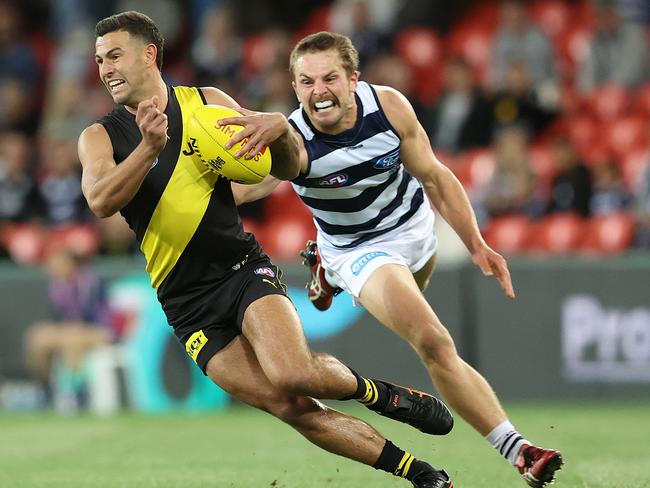 Pressure player Tom Atkins could replace Jack Steven in the Qualifying Final against Port Adelaide. Picture: Chris Hyde/Getty Images