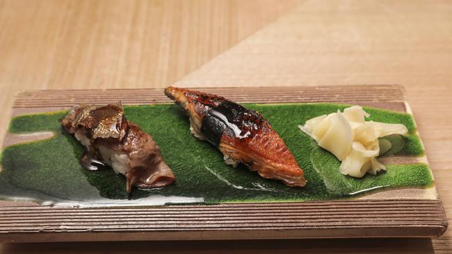 Blinged-up: Wagyu, foie gras and truffle nigiri and eel nigiri at Shaishou in Fortitude Valley. Pic Mark Cranitch.