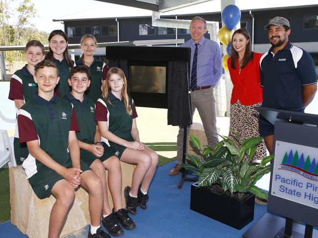 School principal Mark Peggrem and Gaven MP Meaghan Scanlon with pupils at the opening of the new $25 million junior learning precinct at Pacific Pines State High School. Photo: Tertius Pickard.