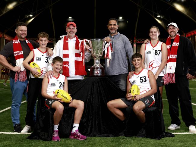 Sydney Swans 2005 Premiership players with their Swans Academy sons and daughters. Amon and Marley Buchanan, Brett and Scout Kirk, Michael and James OÃLoughlin and Nick and Jordan Davis. ItÃs the twenty year anniversary of the Swans ÃO5 Premiership which they will celebrate in their match this week against Adelaide at the SCG. Photo by Phil Hillyard (Image Supplied for Editorial Use only - NO ON SALES - copyright Phil Hillyard )