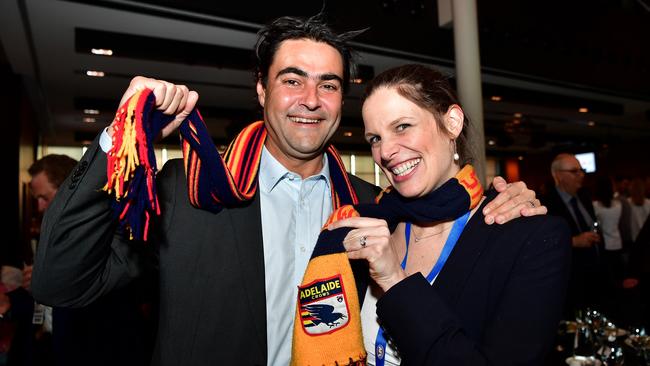 David Penberthy and Kate Ellis at Adelaide Oval for the AFL Preliminary Final between Adelaide Crows and Geelong in 2017. Picture: Bianca De Marchi