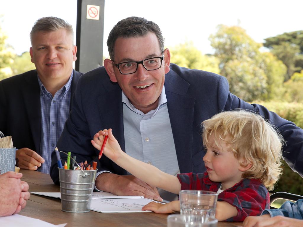 Premier Daniel Andrews has lunch with Charlie Bitmead, 3, and his brother Beau, 1, at Ravens Creek Farm, Moriac. Picture: Alison Wynd